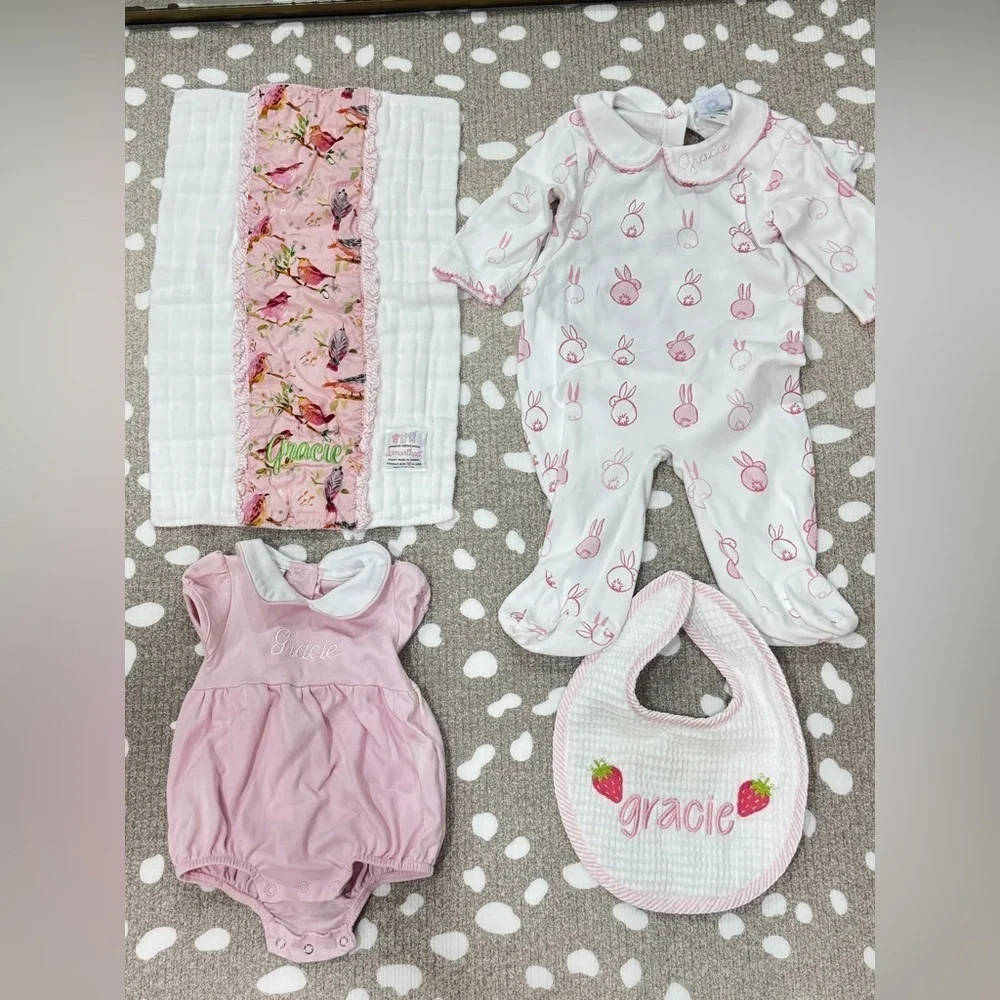 Gracie monogrammed bundle lot baby girl embroidered coverall bubble pima collar